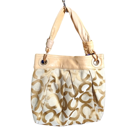 Vintage COACH 13420 Op Art Signature Beige Canvas & Leather Shoulder Bag 12"X12" - Picture 2 of 10